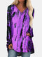 Vintage Printed V-neck Women Long T-Shirt Loose Dress - Purple