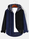Mens Patchwork Button Up Corduroy Preppy Plaid Hooded Shirts - Navy