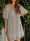Jacquard Loose Solid Color Square Collar Half Sleeve Chiffon Dress - Gray