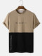 メンズ日本語文字プリントコントラストパッチワーク半袖Tシャツ - カーキ