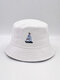 Unisex Cotton Solid Sailboat Pattern Embroidered Casual Sunshade Bucket Hat - White