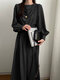 Solid Tie Back Pleated Crew Neck Long Sleeve Casual Dress - Black