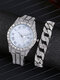 2 Pcs/Set Alloy Diamond Men Business Watch Decorated Pointer Quartz Watch Bracelet - #02