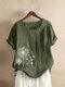 Calico Print O-neck Short Sleeve Button Women Casual T-Shirt - Green