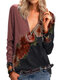 Contrast Color Flower Print Long Sleeve Blouse For Women - Wine Red