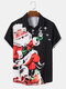 Mens Christmas Santa Print Lapel Button Up Holiday Short Sleeve Shirts - Black