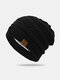 Men Knitted Plus Velvet Solid Color Striped Five-pointed Star Letter Label Warmth Brimless Beanie Hat - Black