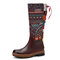 SOCOFY Bohemian Splicing Pattern Flat Leather Rainbow Knee Boots - Coffee