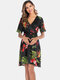 Maternity Floral Print Ruffled V-neck Lace-up Dress - Black