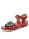Socofy Genuine Leather Comfy Summer Vacation Bohemian Ethnic Floral Hook & Loop Wedges Sandals - Red