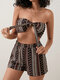 Floral Print Tie Front Tube Top Shorts Two Pieces Suit - Brown