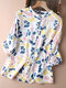 Chemise à cordon de serrage à col montant et imprimé aquarelle pour femme - bleu