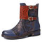 SOCOFY Retro Embossed Rose Genuine Leather Colorful Stitching Flat Zipper Short Boots - Blue