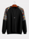 Mens Ethnic Pattern Patchwork Raglan Sleeve Pullover Sweatshirts - Black