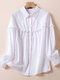 Solid Ruffle Trim Button Front Lapel Long Sleeve Shirt - White