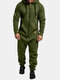 Mens Solid Color Fleece Zipper Front Jumpsuit Home Lounge Hooded Onesies With Pocket - Green