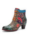 Sокофи Retro Paisley Шаблон Кожаная шнуровка в стиле пэчворк Дизайн Комфортная молния сбоку на низком каблуке и короткая щиколотка Ботинки - синий