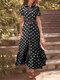 Polka Dot Button Lapel Short Sleeve Ruffle Shirt Dress - Black
