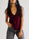 Solid Sleeveless V-neck Casual Tank Top For Women - Wine Red