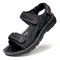 Men Open Toe Double Hook Loop Outdoor Water Leather Sandals - Black