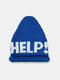Unisex Knitted Color Contrast Letter Jacquard Crimping All-match Warmth Brimless Peaked Hat Beanie Hat - Blue