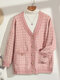 Plus Size Elegant Plaid V-neck Pocket Button Causal Cardigan - Pink