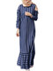 Striped Print Lapel Long Sleeve Plus Size Patchwork Dress with Button - Blue