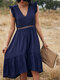 Hollow Solid Color V-neck Sleeveless Casual Dress For Women - Navy