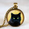 Vintage Metal Glass Cute Cat Necklace Geometric Round Animal Printed Gem Pendant Necklace - 01