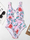 Women Floral Print Deep-V Criss-Cross Belted Backless Slimming One-Piece Swimwear - Pink