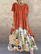 Vintage Print Patchwork Summer Plus Size Maxi Dress with Pockets - Orange