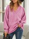 Solid Color V-neck Loose Long Sleeve Sweatshirt For Women - Pink