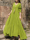Cotton Linen Swing Skirt Stitching Long-sleeved Dress - Grass Green