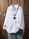Flower Embroidery Long Sleeve Lapel Plus Size Casual Shirt - White