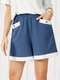 Contrast Color Front Pocket Elastic Waist Casual Shorts For Women - Blue