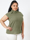 Solid Color Stand Collar Short Sleeve Plus Size Button Blouse for Women - Green