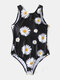Plus Size Women Daisy Print High Neck Slimming One Piece Sleeveless Swimsuit - Black