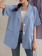Solid Color Half Sleeve Turn-down Collar Blazer For Women - Blue
