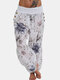 Floral Print Patchwork Elastic Waist Casual Harem Pants For Women - White