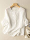 Women Floral Embroidered Crew Neck Cotton 3/4 Sleeve Blouse - White