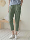 Women Solid Color Elastic Waist Casual Pants With Pocket - Green