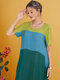 Vestidos vintage colorblock patchwork bolsos com gola O - Verde