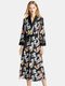 Silk Robe Women Pajamas Feather Print Floral Sleepwear For Spring  - Black