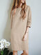 Women Solid Crew Neck Cotton Casual 3/4 Sleeve Dress - Apricot