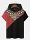Mens Ethnic Pattern Color Block Patchwork Short Sleeve Hooded T-Shirts - Red