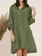 Solid A-line Long Sleeve Button Lapel Vintage Dress - Dark Green