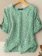 Allover Floral Print Button Front Half Sleeve Casual Blouse - Green
