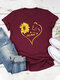 Sunflower Cat Print Short Sleeve Causal T-shirt For Women - Wine Red