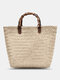 Lightweight Straw Craft Handbag Retro Breathable Comfy Classic Wooden Handle Shoulder Bag - Khaki