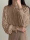 Solid Textured Lace Stand Collar Keyhole Back Shirred Blouse - Khaki